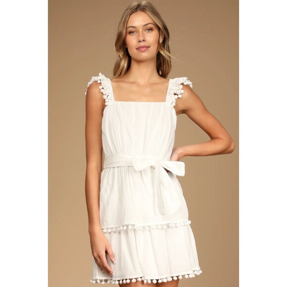 Lulus Total Cutie White Pom Pom Tiered Mini Dress Ruffle Belted Small - Picture 1 of 12
